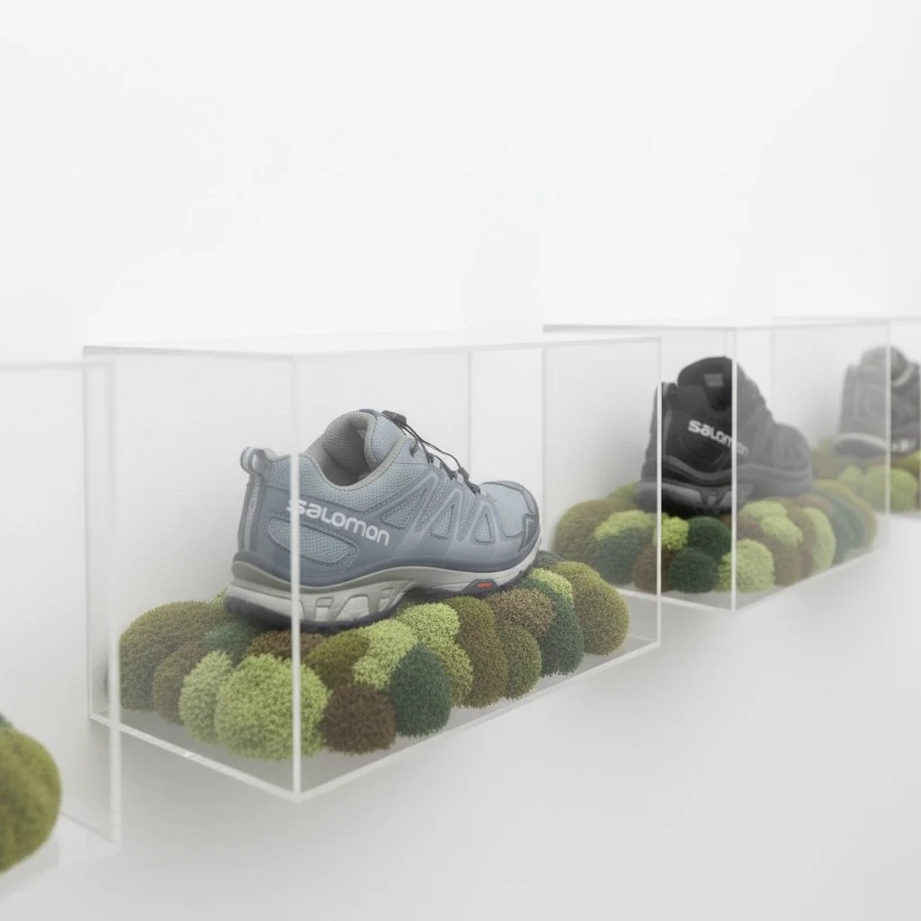 Shoes sit in a display with mossy tufted carpet