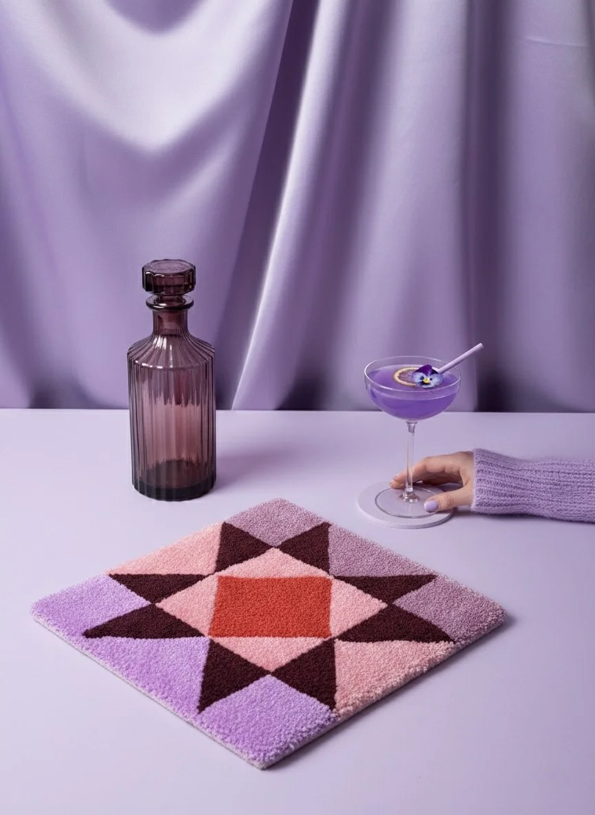 Abstrakter Teppich in Rosa und Lila auf einem lila Tisch