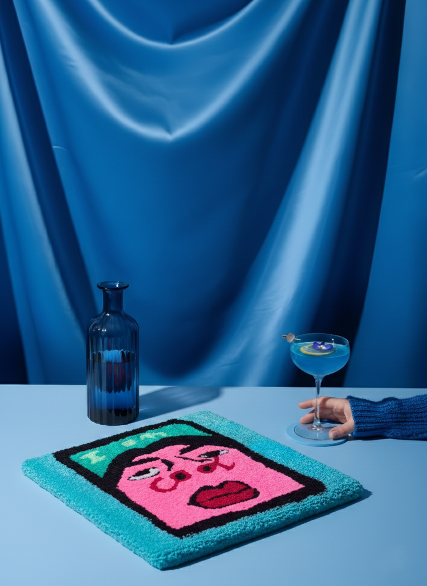 A blue rug of a face with the word Cool across it