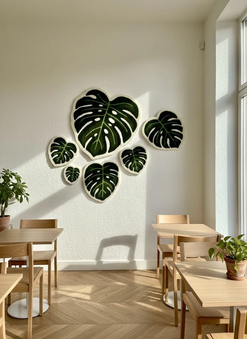 An assortment of tufted monstera leaves hang on a cafe wall, elevating the retail space
