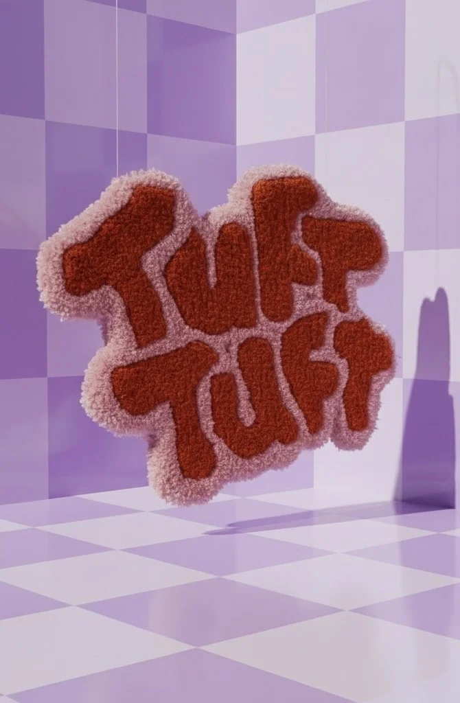 A tufted logo hangs in an abstract space