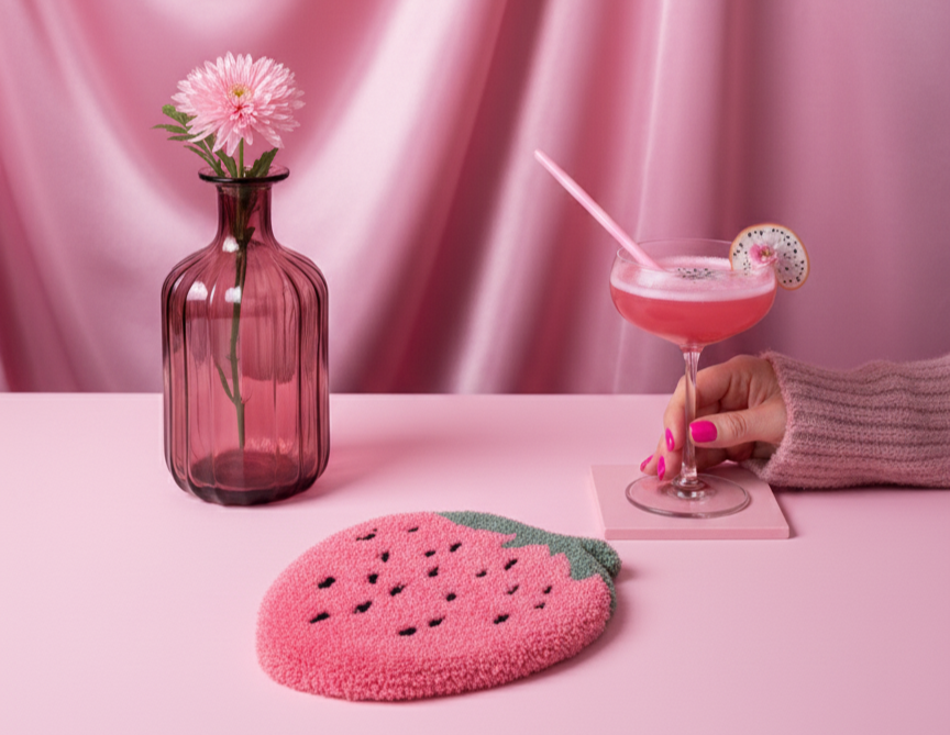 A small pink strawberry rug on a pink table