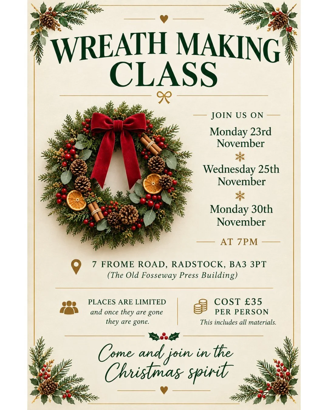 🎄✨ CHRISTMAS WREATH-MAKING WORKSHOP ✨🎄

Fancy getting into the Christmas spirit and creating your very own beautiful festive wreath? 🌿❤️

Join us for our wreath-making workshop, running across three different dates this November!

📅 Monday 23rd N