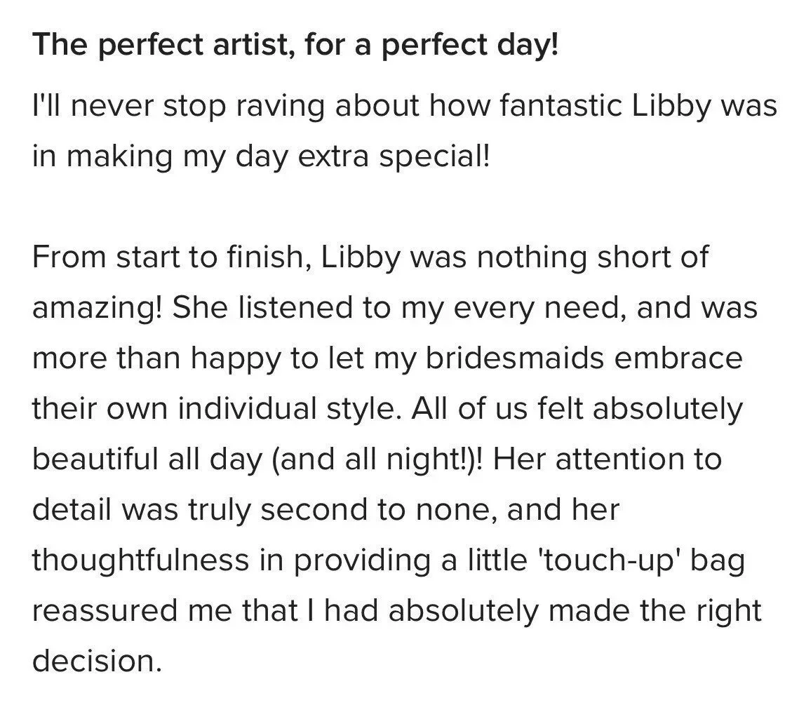 Bridal makeup testimonial highlighting personalised service, luxury wedding morning experience and professional bridal beauty support.