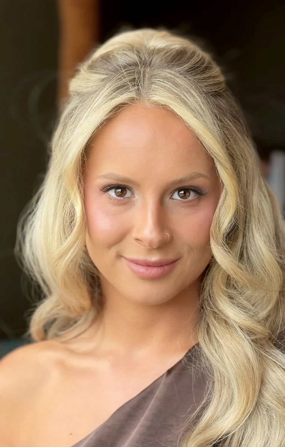 Soft bridal makeup close-up showcasing radiant skin, natural eye makeup and timeless wedding beauty.