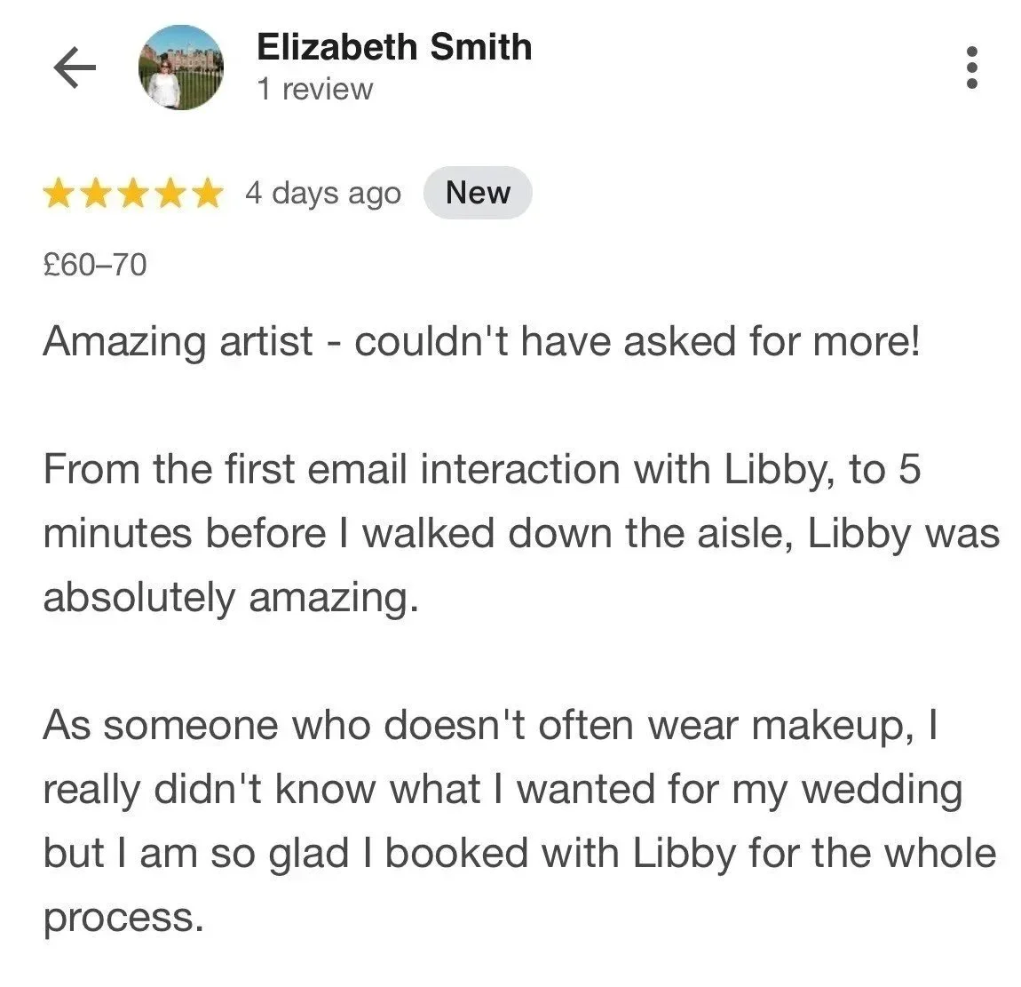 Five-star bridal makeup review from a real wedding client praising luxury wedding makeup services and exceptional bridal experience.