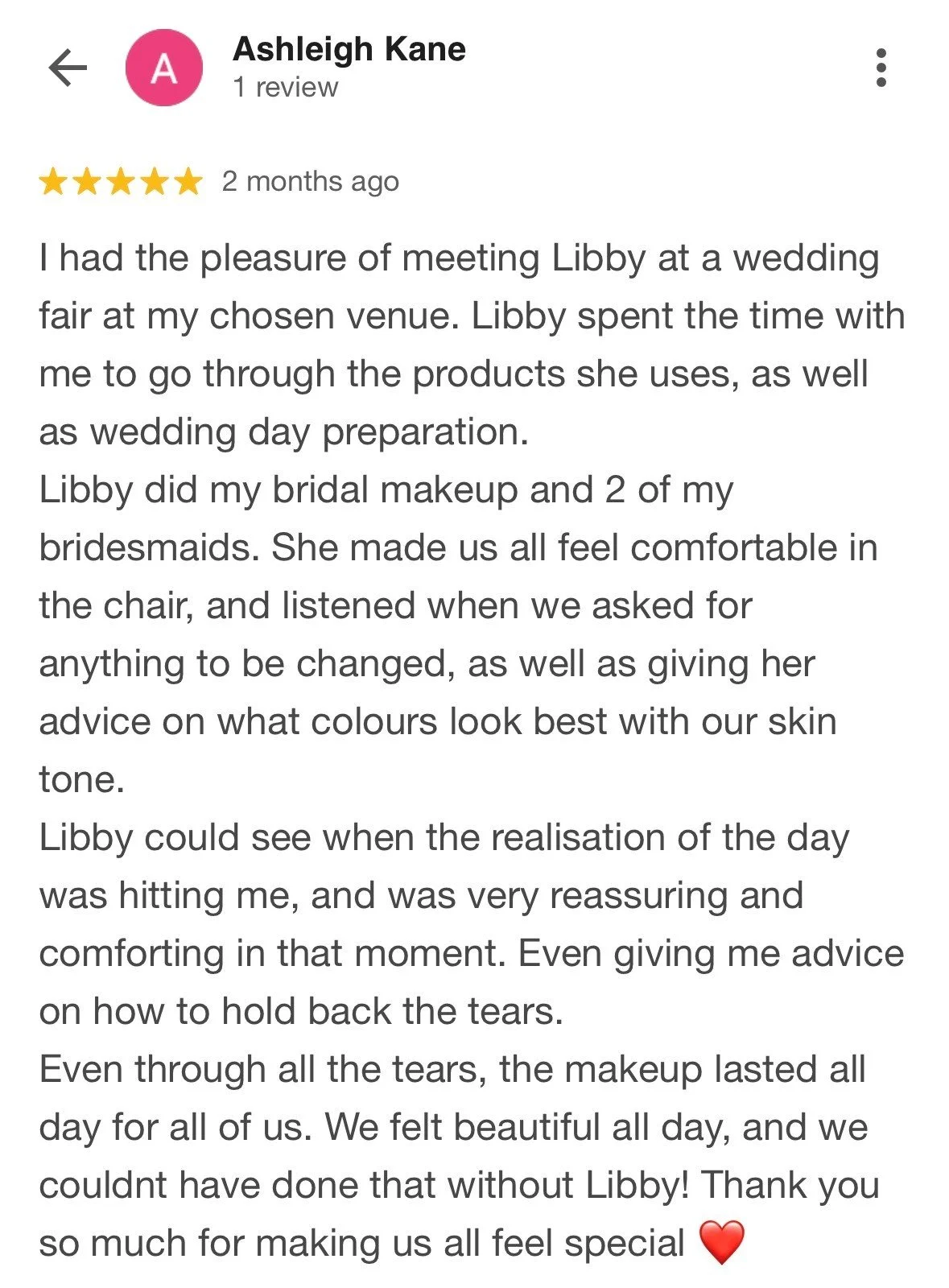 Wedding makeup review from a North Yorkshire bride praising natural bridal makeup, professionalism and calm wedding morning support.