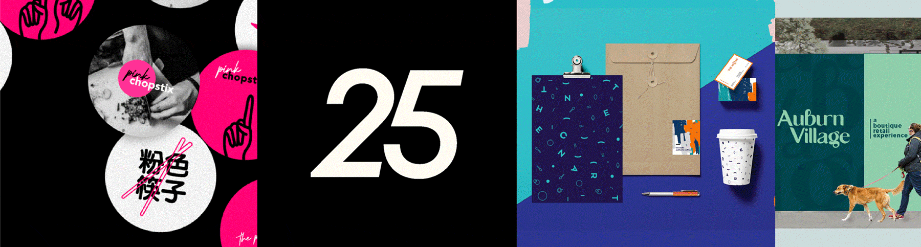 Carousel showcasing past design projects including marketing collateral, clothing, hoarding, logos, illustrations, and stationery — featuring bold, vibrant colours.