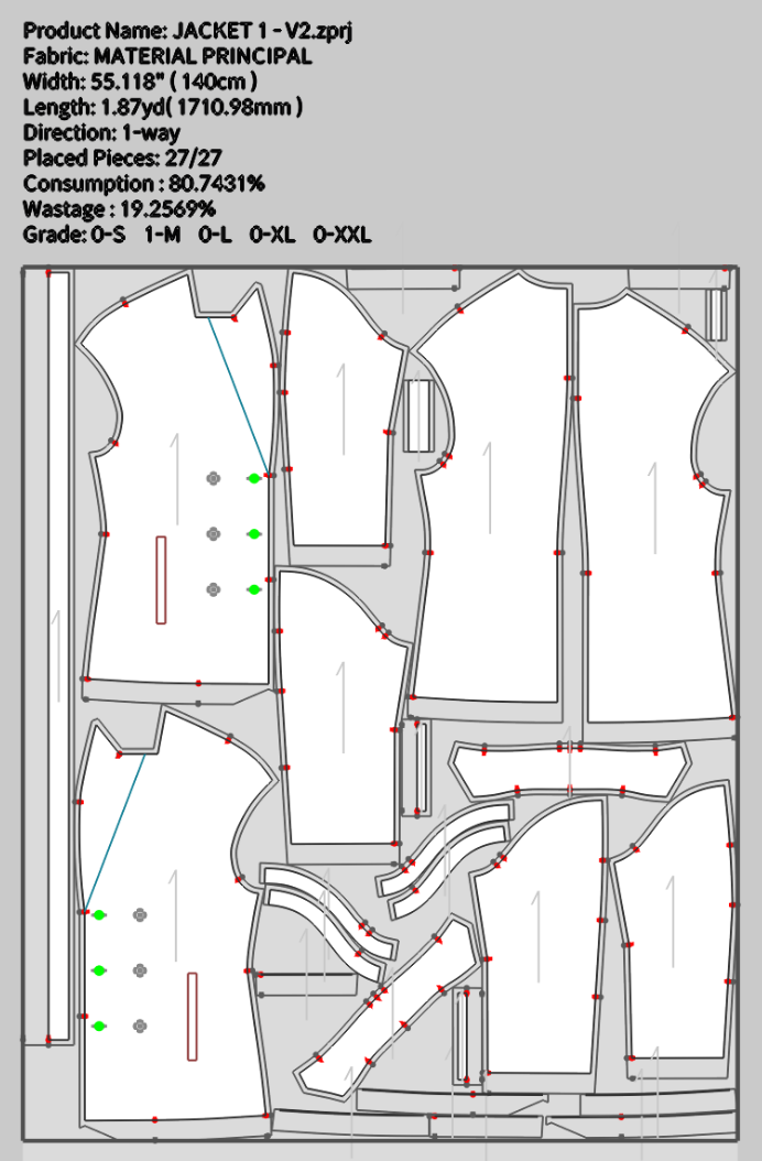 Pattern layout of a jacket with detailed measurements, fabric info, and grading sizes in black and white, showing individual pattern pieces and markings.