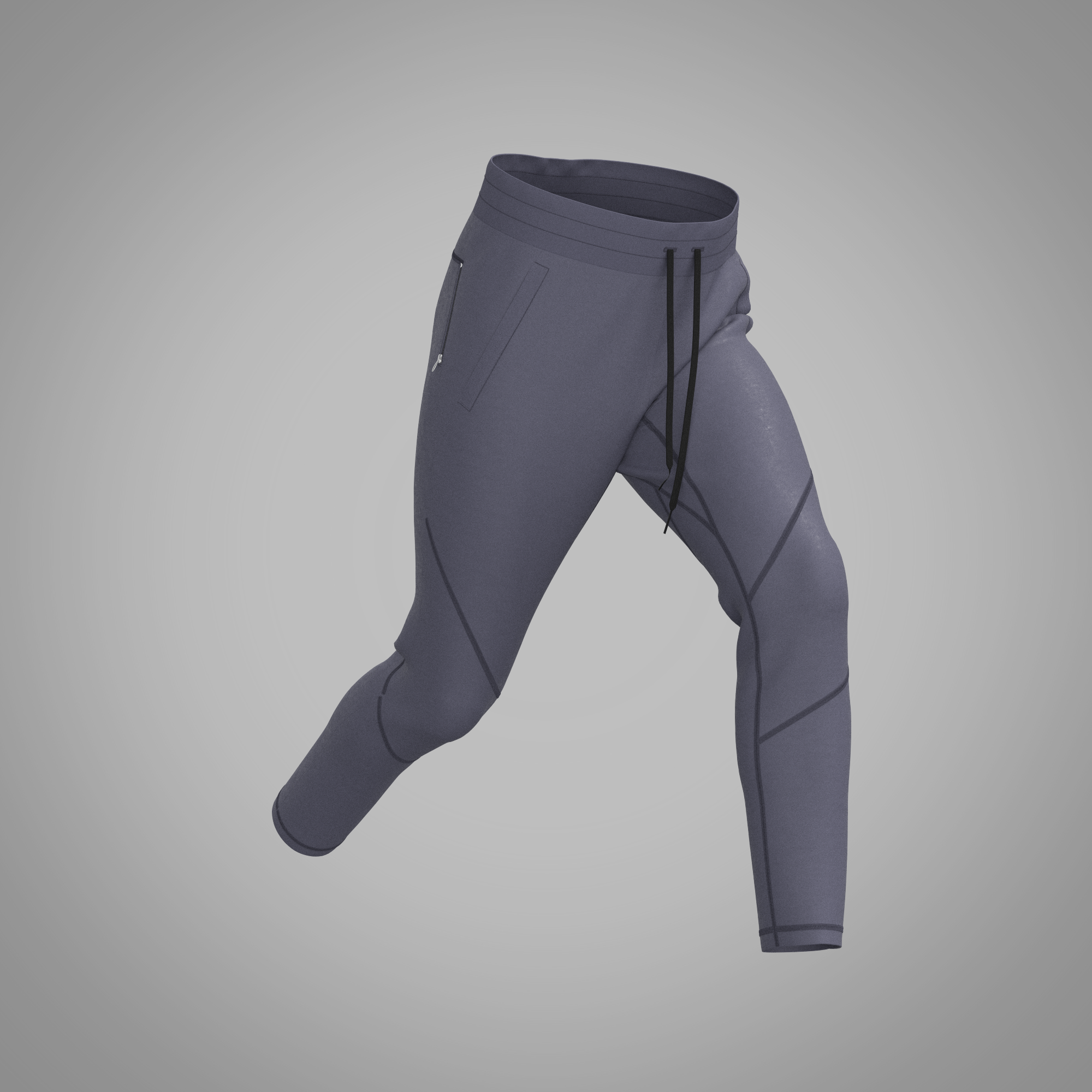 Gray athletic joggers with black drawstrings and zippered pockets against a plain background.