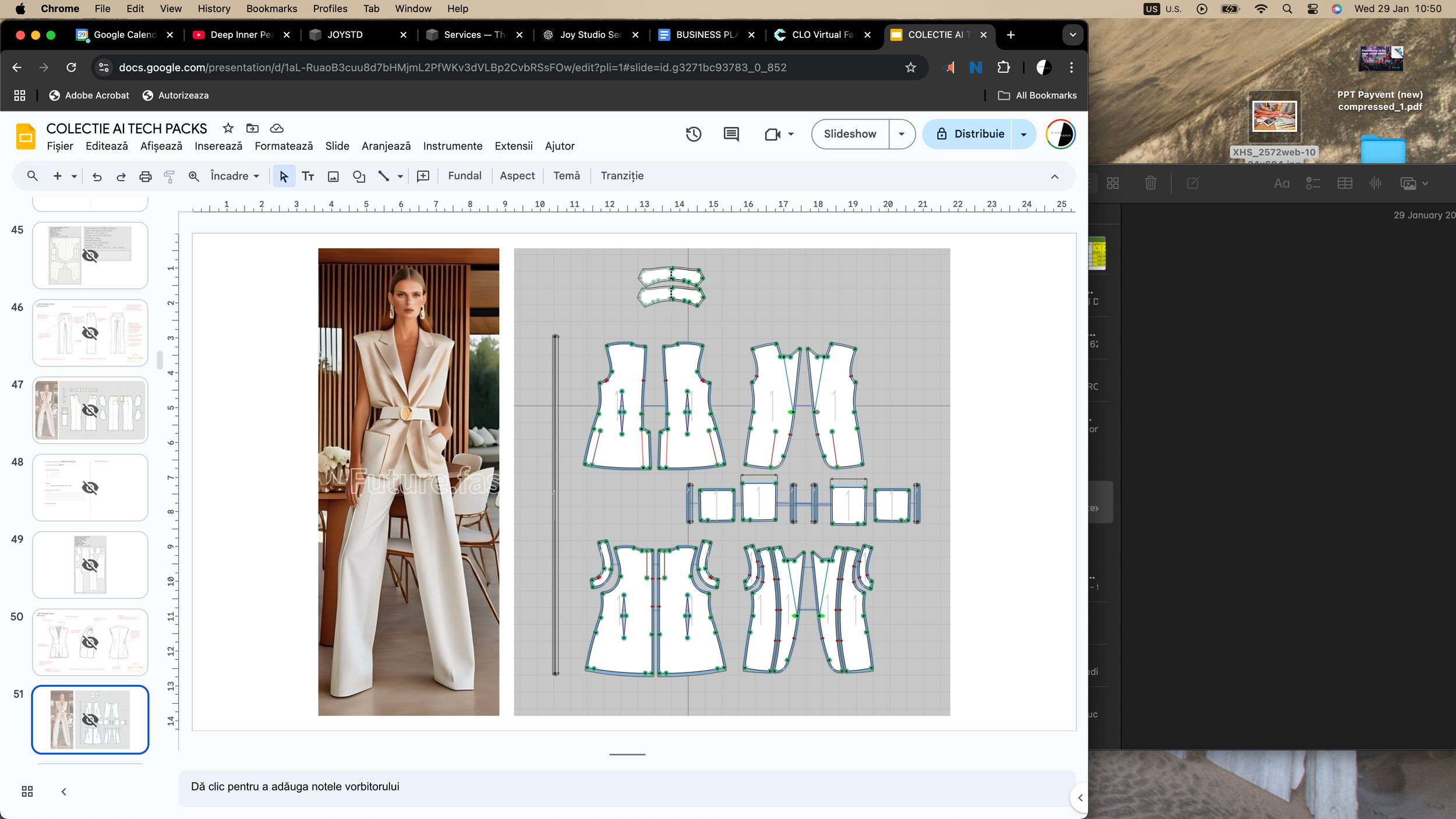 Fashion design pattern with a photo of a woman in a white sleeveless business suit on the left and the pattern pieces for the suit on the right.
