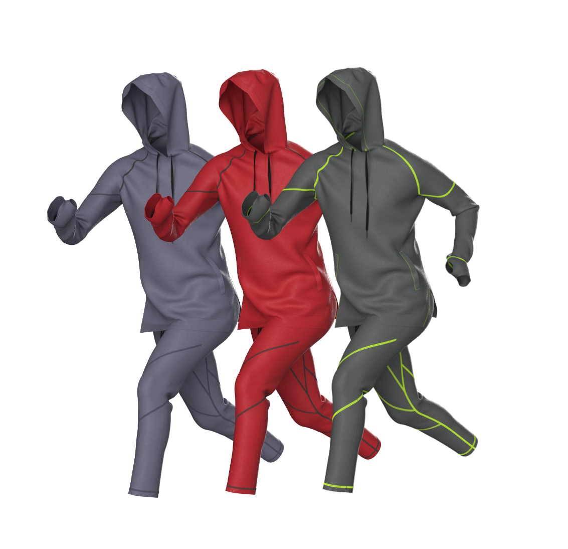 Three mannequins dressed in athletic hoodies and pants, running side by side. The left mannequin wears gray, the middle red, and the right dark gray with neon green accents.