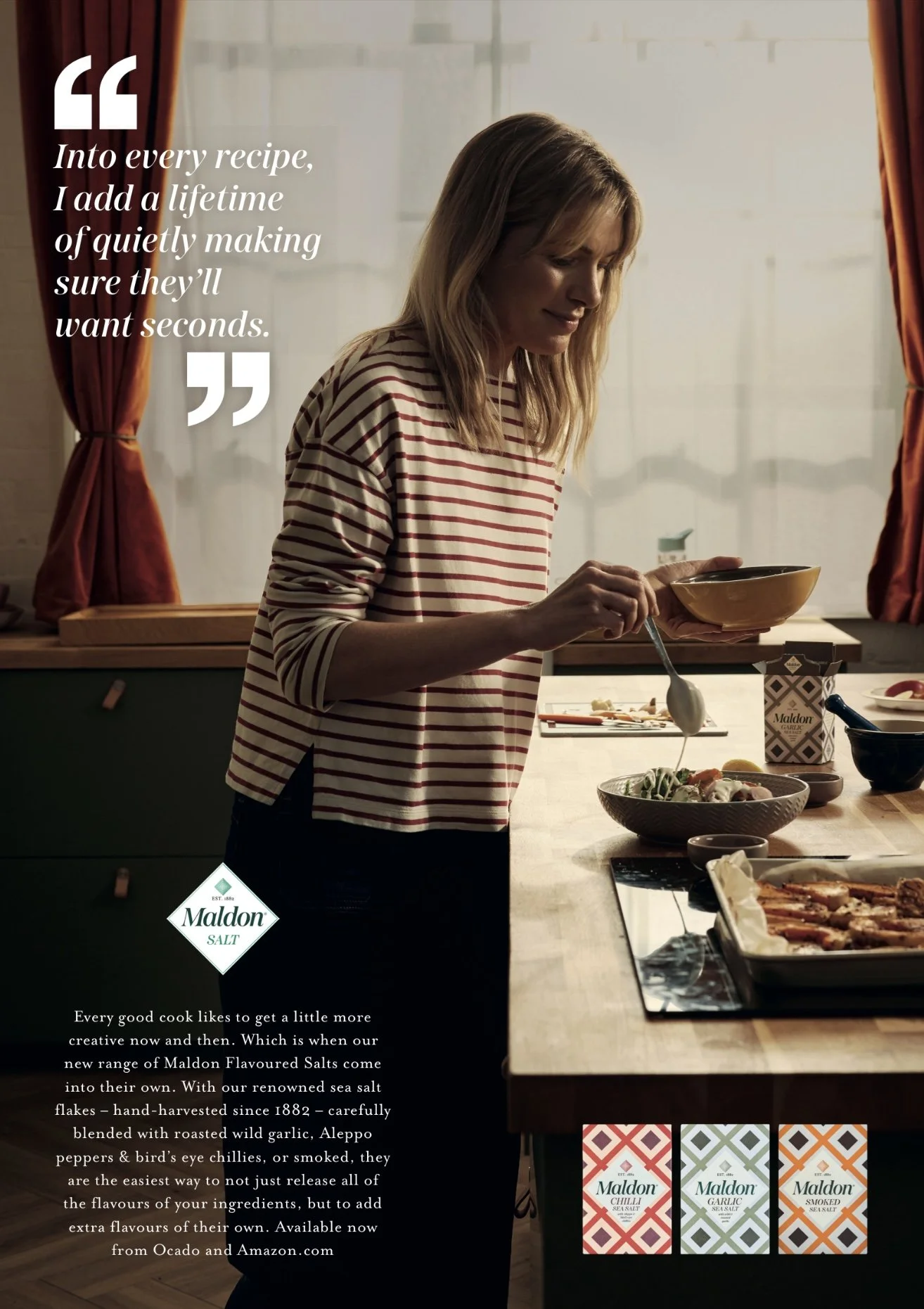 Cook preparing meal in kitchen with Maldon salt