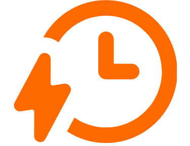 An orange clock and lightning bolt icon on a black background.