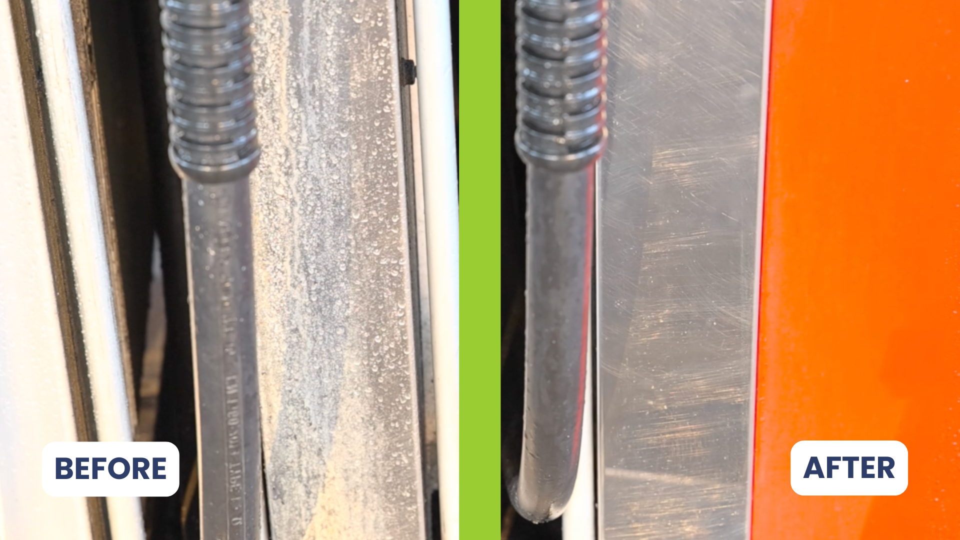 Comparison of a metal surface before and after cleaning; the left side shows a dirty, corroded metal surface, and the right side shows a shiny, clean metal surface with a red border.