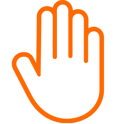 Outlined orange hand with fingers raised in a stop or high-five gesture on a black background.
