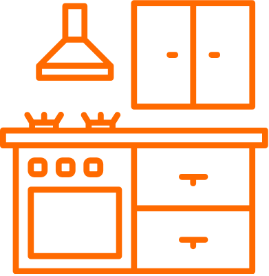 Outline drawing of a kitchen with a stove, a cabinet, and a countertop.