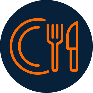 A logo featuring a stylized orange plate, fork, and knife on a dark blue circular background.