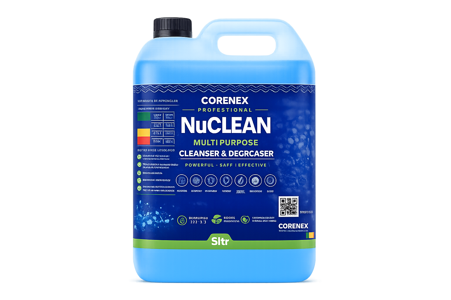Blue plastic container of Corenex NuClean multi-purpose cleaner and degraser with a black cap and a label featuring text, icons, and a QR code.