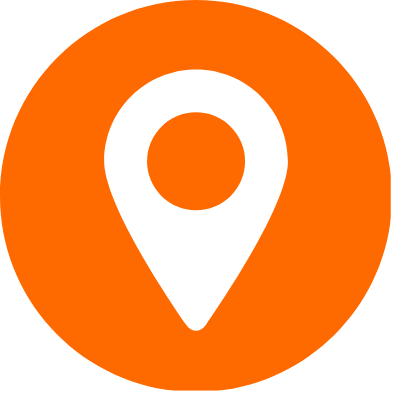 Orange location pin icon on a black background.