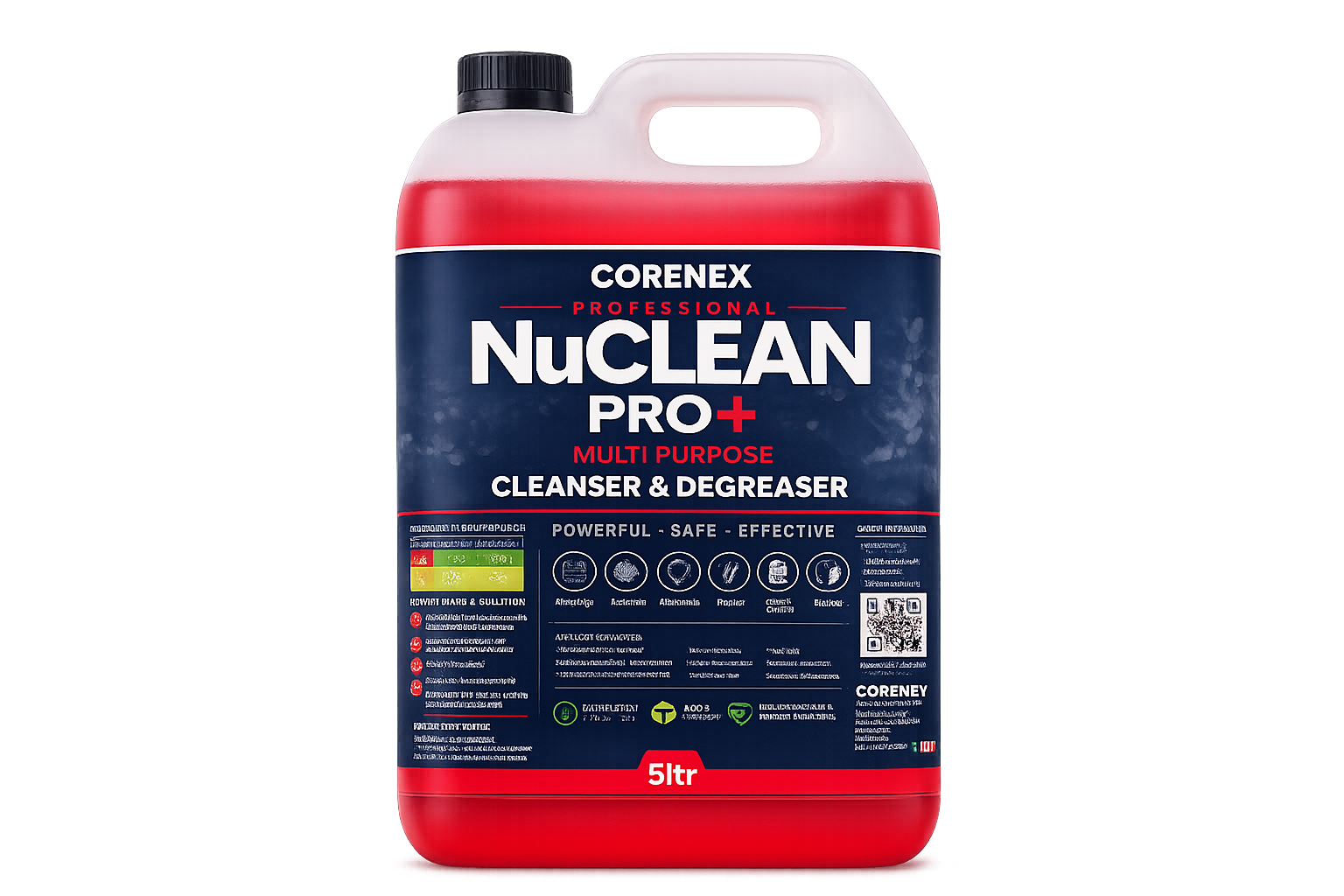 A 5-liter container of CORENEX NUCLEAN PROFESSIONAL PRO+ multi-purpose cleaner and degreaser with a red cap, featuring a blue label with white and red text and icons.