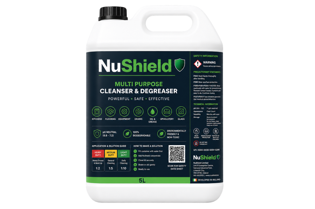 5-liter container of NuShield multi-purpose cleaner and degreaser with safety and application instructions on the label.