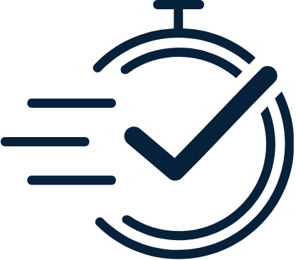 Icon of a stopwatch with a checkmark and motion lines indicating speed or efficiency.