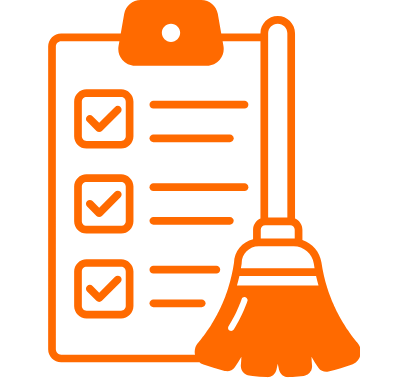 Clipboard with checklist and broom icon in orange.