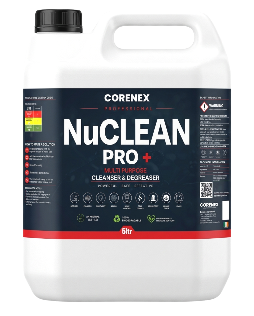 A large white bottle of Corenex NuClean Pro Plus multipurpose cleaner and degreaser with a black cap, label details in black, white, and red, indicating it contains 5 liters, suitable for kitchens, flooring, equipment, drains, linoleum, upholstery, g