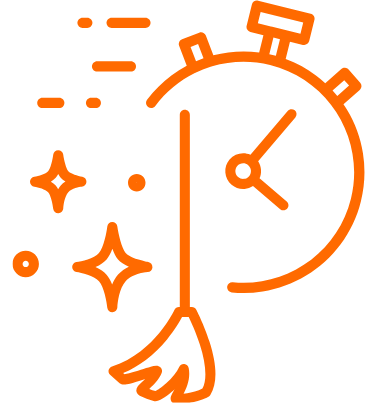A stylized illustration of a stopwatch, a rocket, and sparkling stars, all in orange lines.