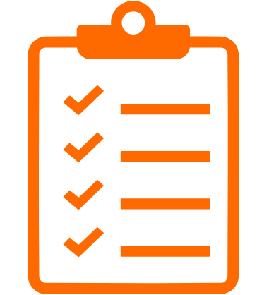Orange checklist on clipboard with four checkmarks.
