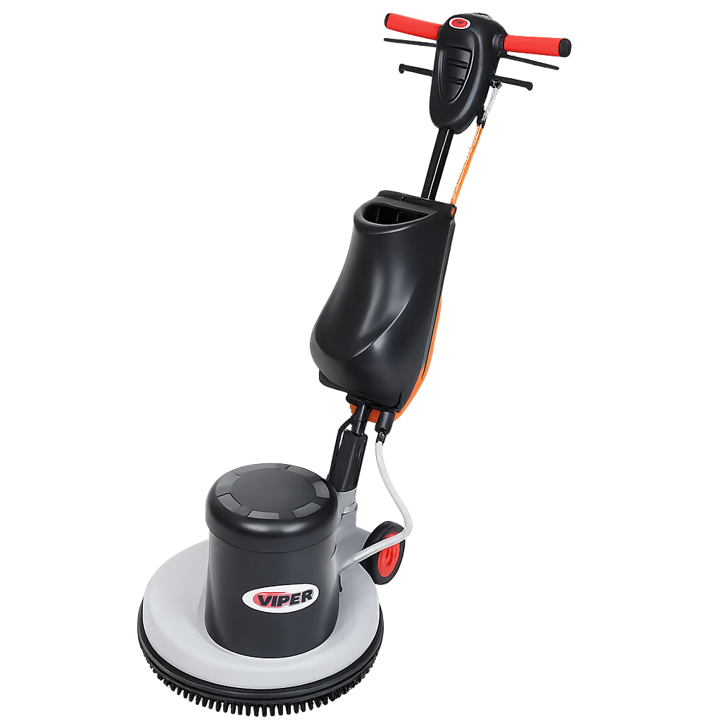 A Viper brand robotic floor scrubber with a black and gray body, red handle, and cleaning brush at the base.