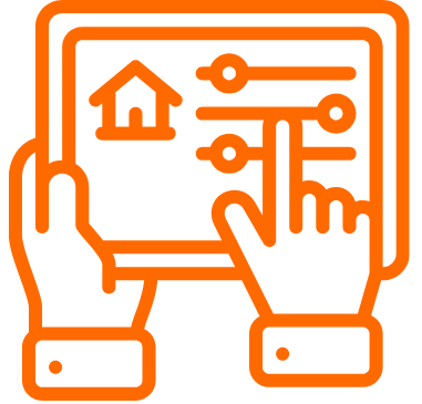 Icon of a hand holding a tablet displaying a house and circuit lines, representing smart home technology.