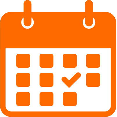 Orange calendar icon with a checkmark on one date.