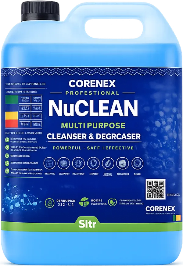 Blue 5-litre container of Corenex NuClean multi-purpose cleanser and degreaser