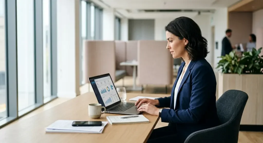 Businesswoman working on a laptop in a modern office space with large windows, surrounded by documents, a smartphone, a coffee mug, and a glass of water.