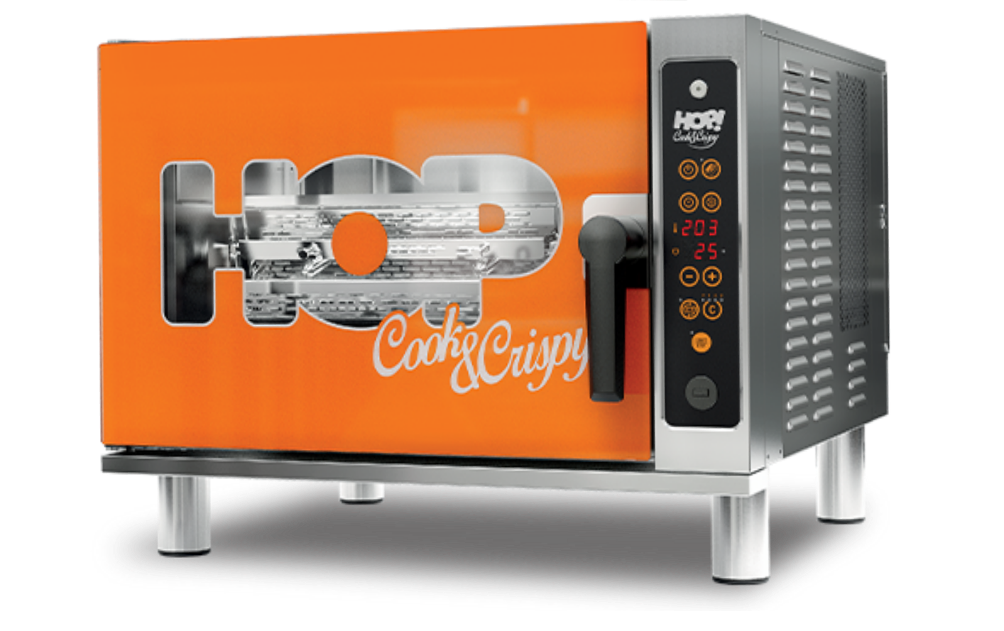 An orange commercial oven with transparent door displaying food inside, digital control panel, black handle, and silver legs.