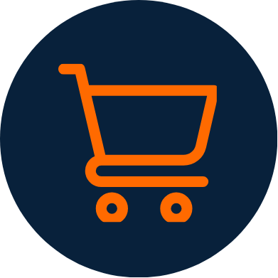 Orange shopping cart icon on a dark blue circular background.