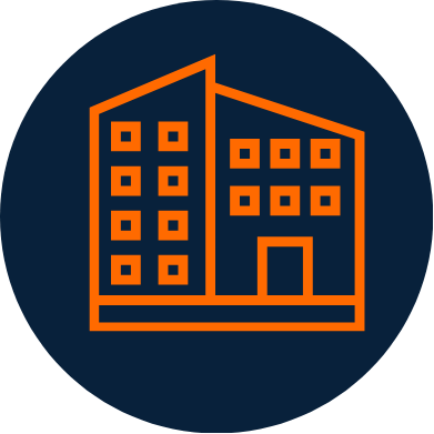 Icon of a building with multiple windows and a door, outlined in orange on a dark blue circular background.
