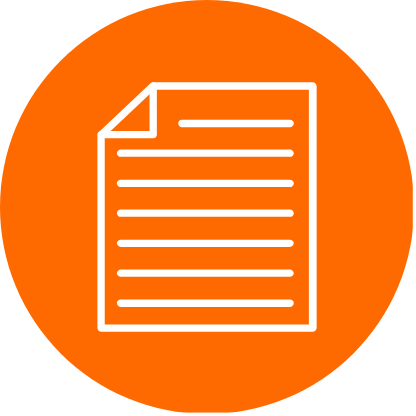 Icon of a document or paper with lines of text, inside an orange circular background.
