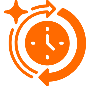 An orange clock with circular arrows around it and a star-like sparkle.