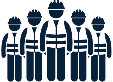 Silhouette of six construction workers wearing hard hats and uniforms standing side by side.