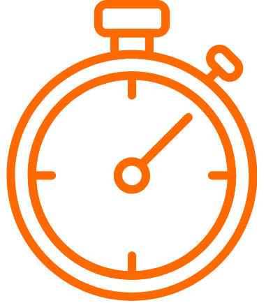 An orange stopwatch with a round face and a small button on top, showing a time of approximately one minute.
