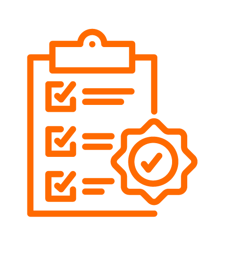 Icon of a clipboard with checkmarks next to three lines, featuring a badge with a checkmark, representing certification or approval.