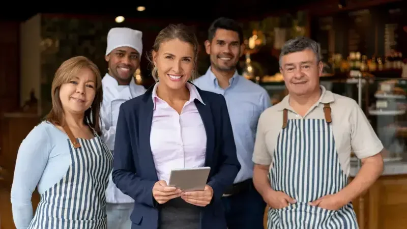 Group of five smiling restaurant staff members, including a chef, waitress, and managers, standing in a warmly lit restaurant kitchen.