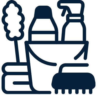 Cleaning supplies including a spray bottle, sponge, brush, and a cleaning cloth.