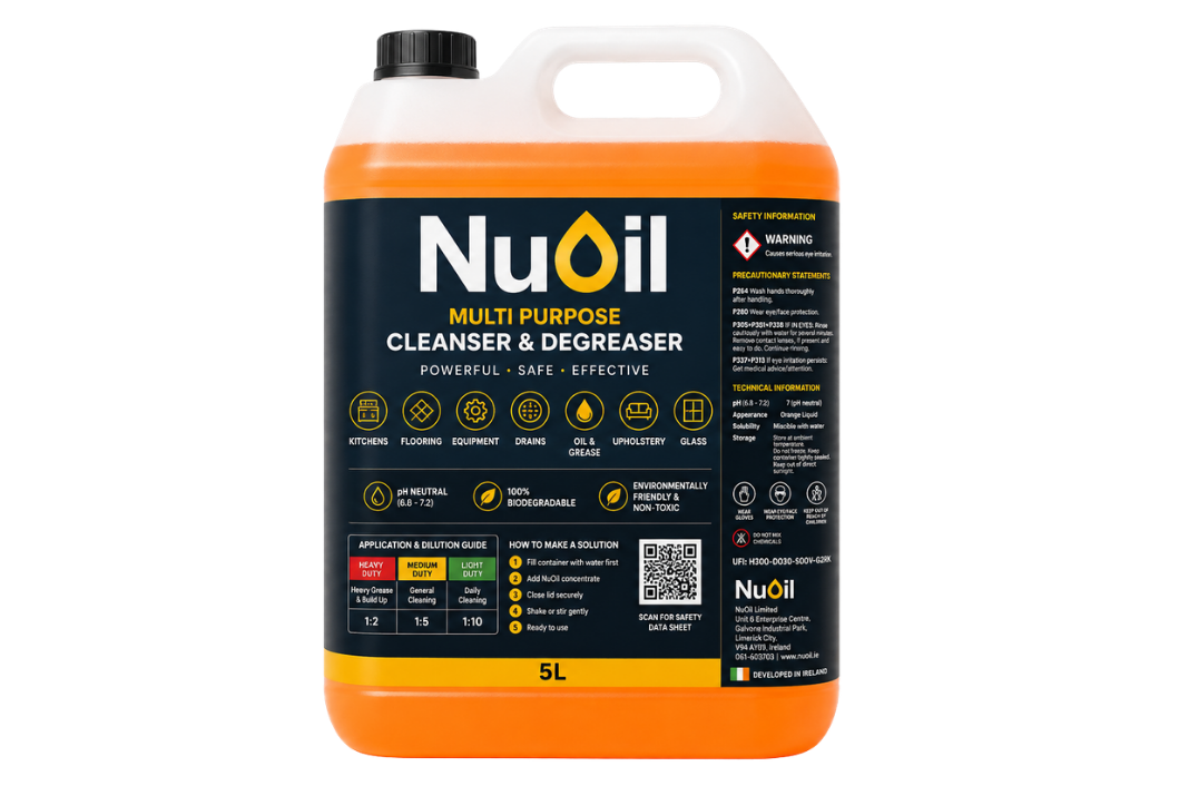 5-liter container of NuOil multi-purpose cleaner and degreaser in orange and black packaging.