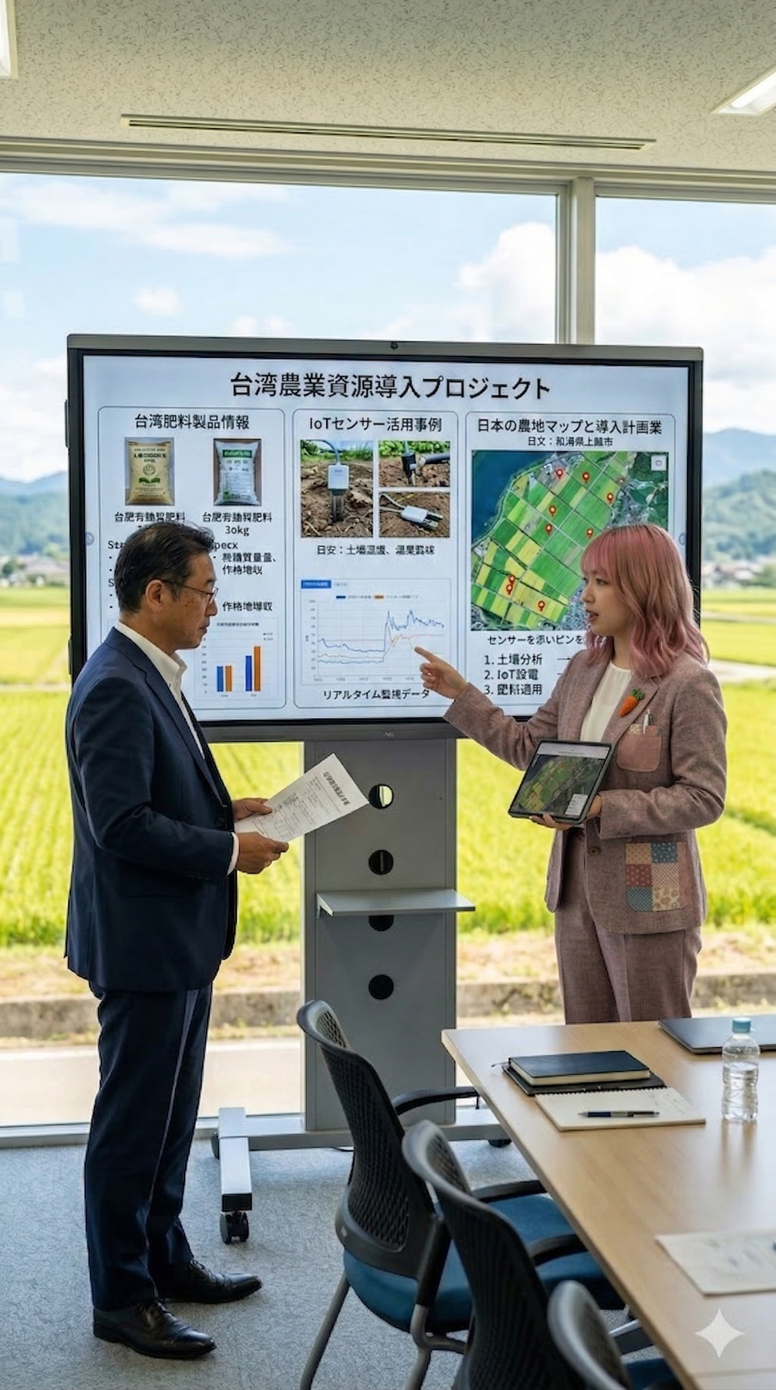 明るい会議室で、日本農企業の男性担当者とピンク髪の女性コンサルタントが大型ディスプレイを見ながら台湾農業資源（肥料、IoTセンサー）の導入プロジェクトについて真剣に議論している様子。窓の外には日本の農地が広がっています。