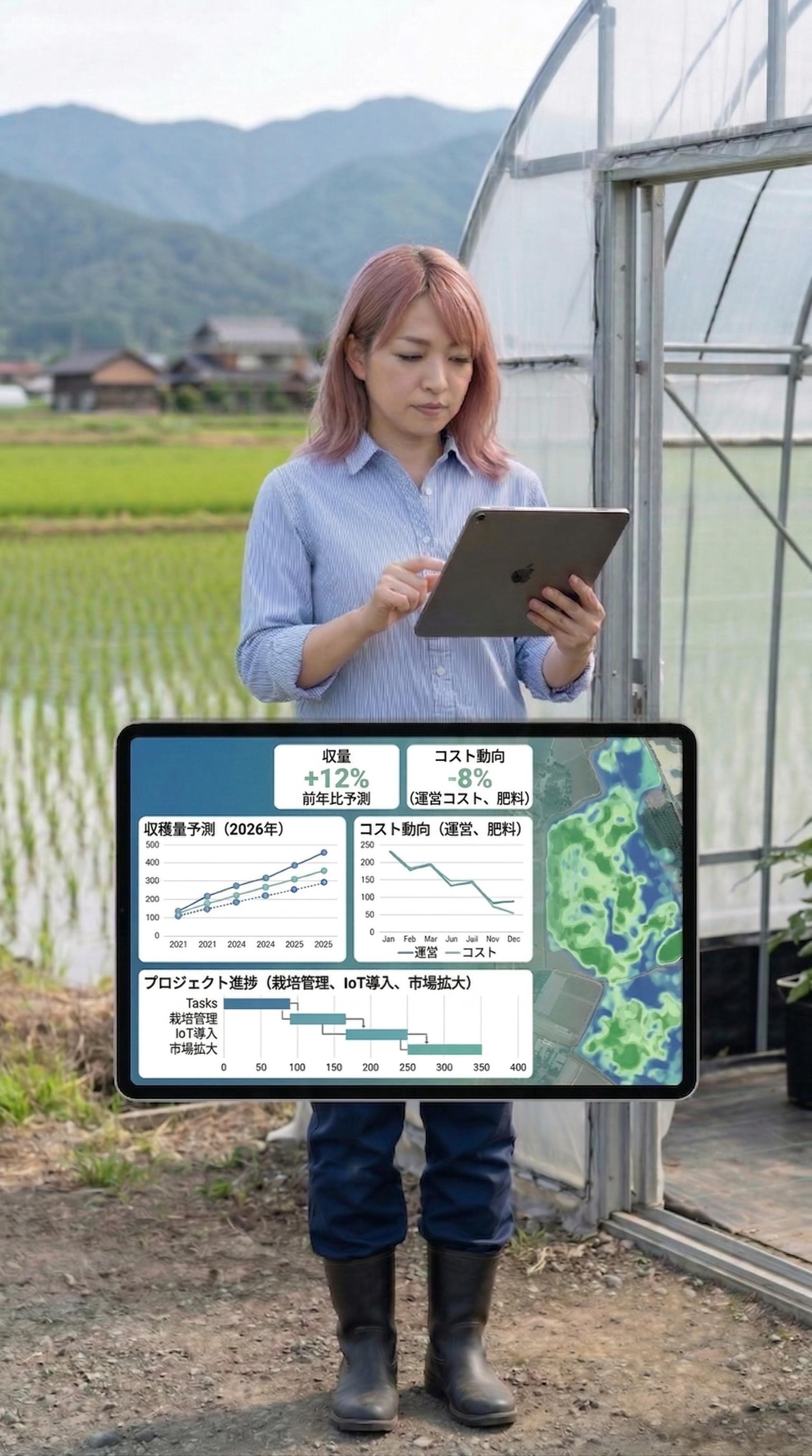 温室と農地の前でタブレットを持つ日本人女性。タブレット画面にはYield Forecast、Cost Trend、Gantt ChartなどのBIダッシュボードが表示され、農業DXにおけるデータ分析とプロジェクト管理を視覚的に表現しています。
