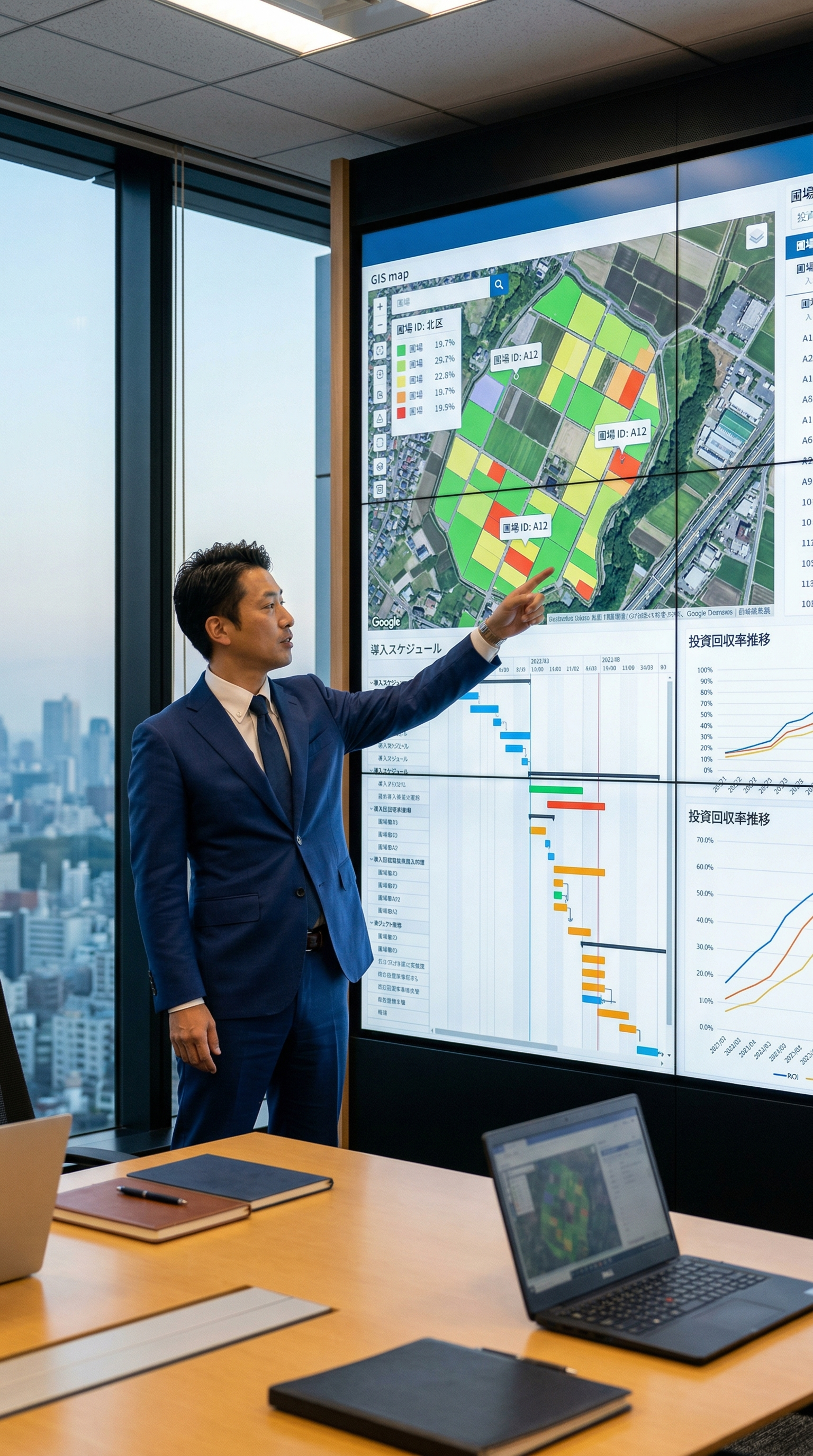 衛星データとGISを活用したスマート農業支援のイメージ。大型モニターで農地データや導入スケジュールを解説するコンサルタント。